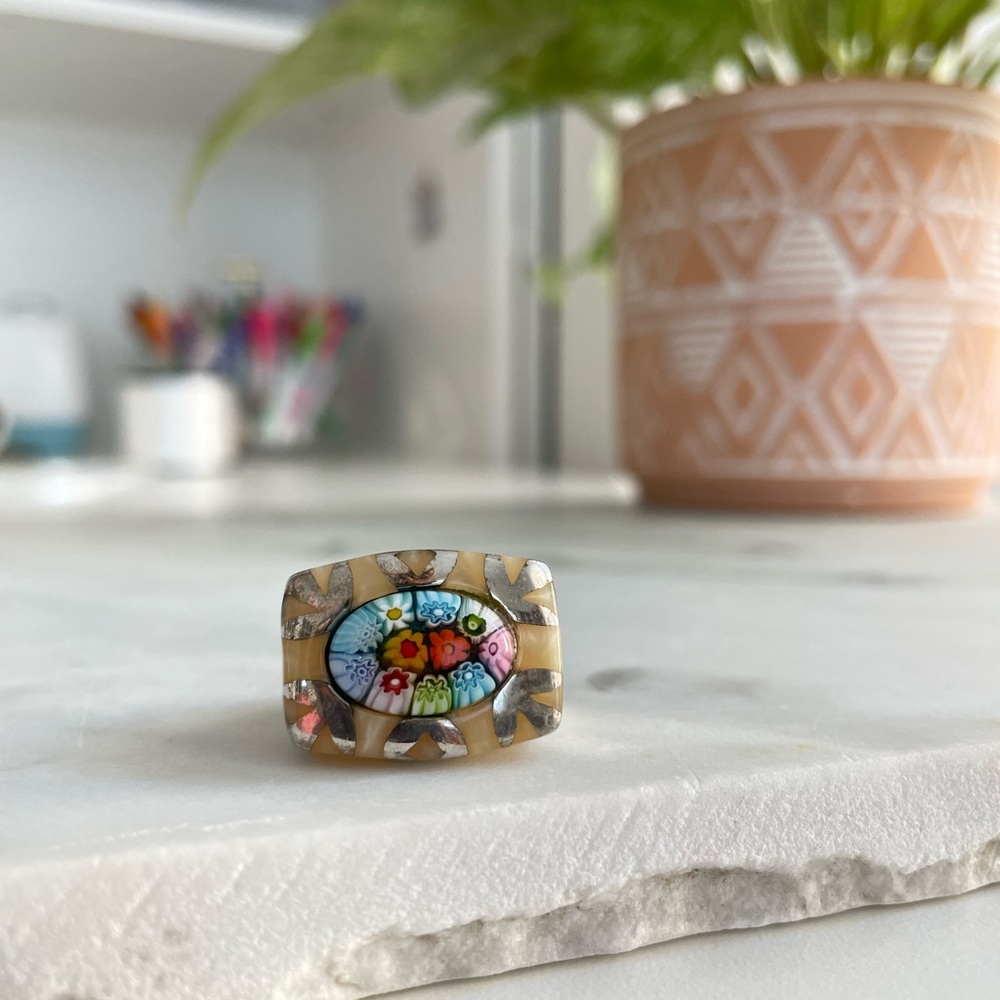 Alan K 925 Silver Oversized Millefiori Murano Glass Colorful Floral Ring